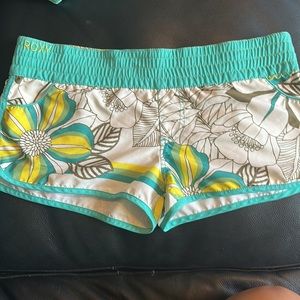 Roxy Shorts Floral Wide Elastic Waist Teal White Beach Size 9